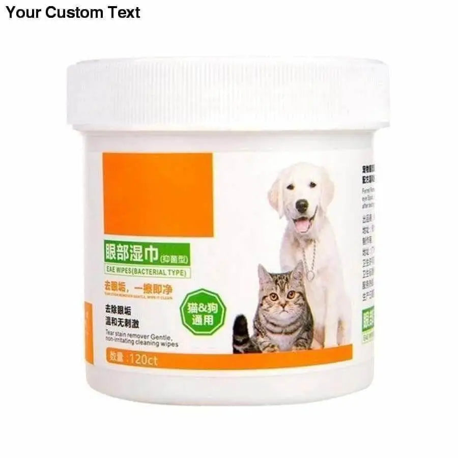 White bottle of 120 pet tear stain wipes with images of a dog and cat on orange label, showing pet hygiene product