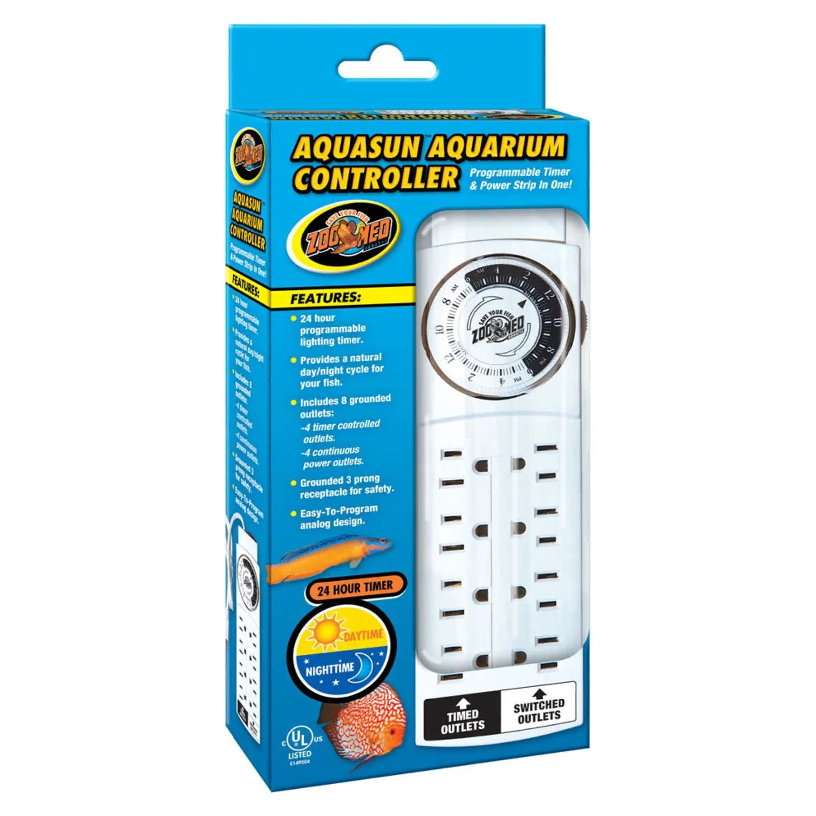 A blue box labeled Zoo Med AquaSun Aquarium Controller Timer and Power Strip by Zoo Med Laboratories displays a 24-hour programmable analog timer with four grounded outlets for aquariums, visible through a clear window.