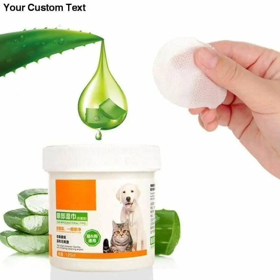Pet Round White Tears Stain Wipes bottle with aloe extract and demonstration of wipe use, surrounded by fresh aloe vera leaves